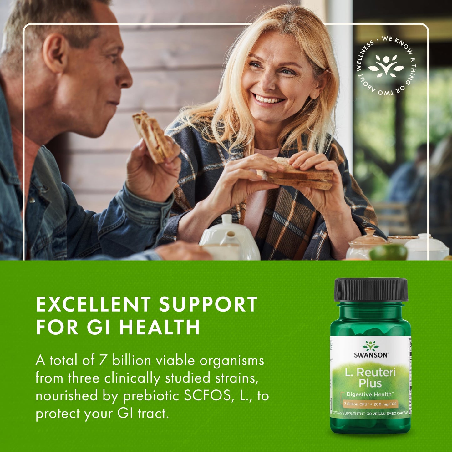 Swanson L. Reuteri Probiotic Plus w/L. Rhamnosus L. Acidophilus & FOS Prebiotic Digestive Support - Promotes Gut Health w/ 7 Billion CFU per Capsule - (30 Veggie Capsules)
