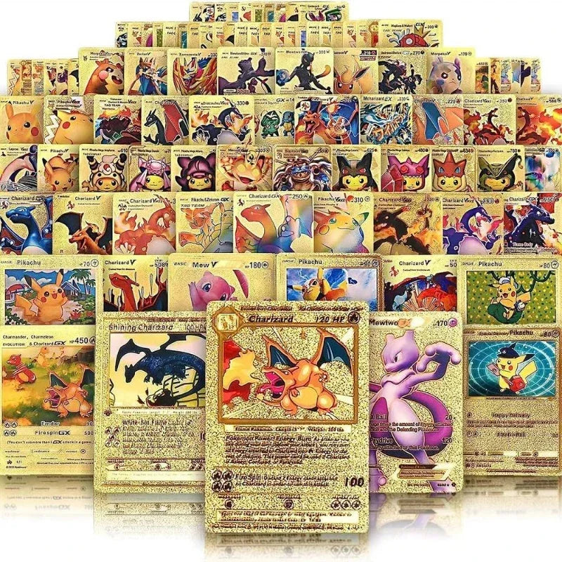 Pokemon Game Cards English Spanish French German Pikachu Rare Card Set Gold Silver Black Game Collector Tabletop Battle Cards