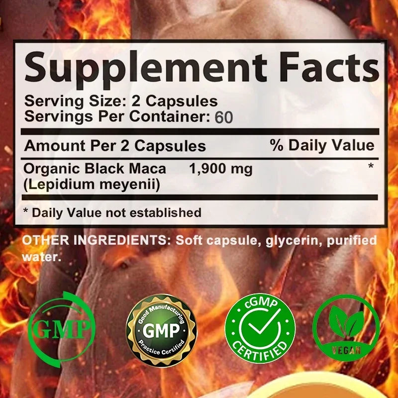 Organic Black Maca Extract - Supports Endurance, Muscle Growth, Vascular Health, Improves Athletic Performance, 60/120 Capsules