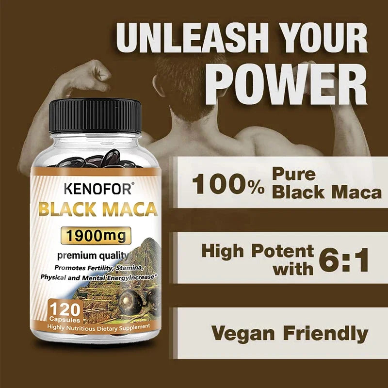 Organic Black Maca Extract - Supports Endurance, Muscle Growth, Vascular Health, Improves Athletic Performance, 60/120 Capsules