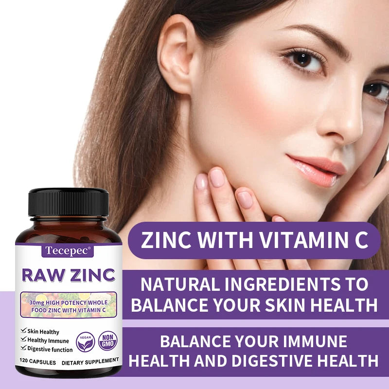 Zinc Vitamix, 30 mg - Raw Zinc High Potency Supplement with Vitamin C, Skin Health & Digestive Support, 120 Capsules
