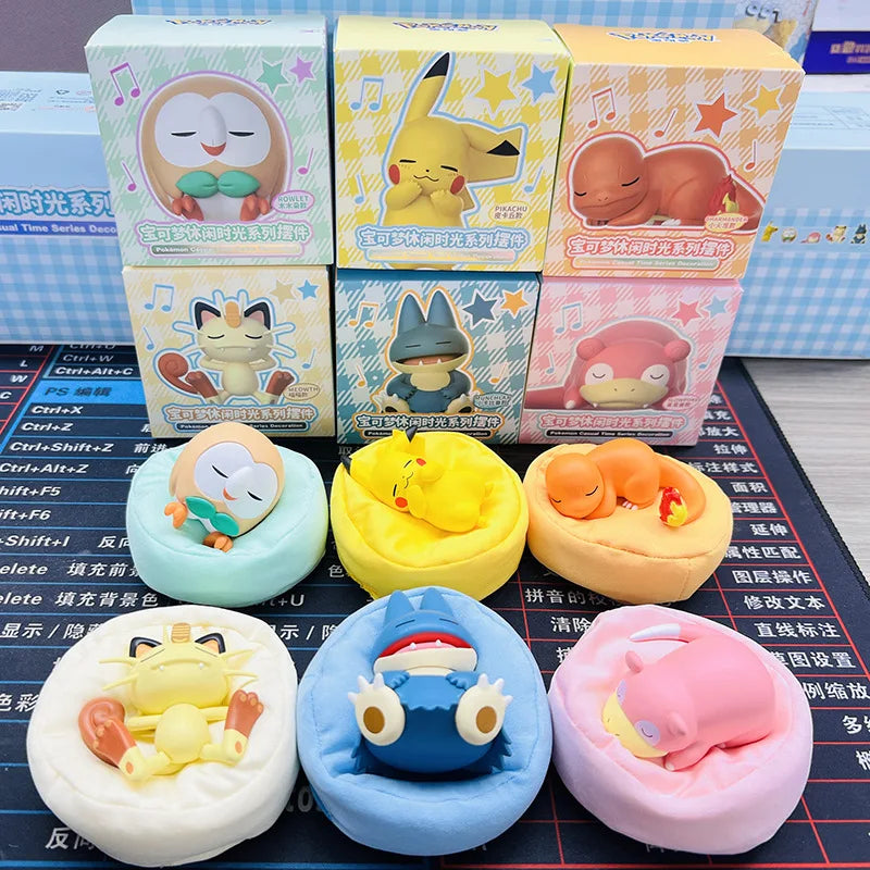 Genuine Pokemon Set Model Anime Leisure time Series Figure Slowpoke Charmander Gonbe Rowlet Car Interior Sleeping Position Toys