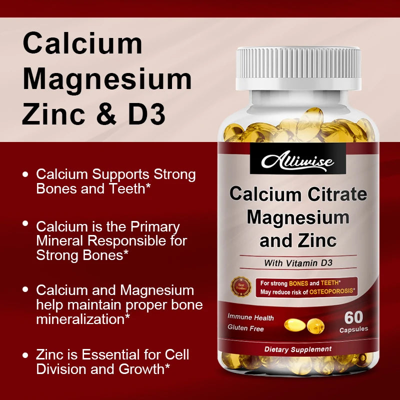 Calcium Magnesium Zinc Capsules with Vitamin D3 for Strong Bones & Nervous System Health & Promotes Cell Growth