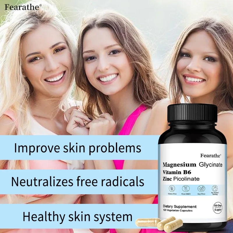 Zinc Picolinate + Magnesium Glycinate + Vitamin B6 Supplement, Promotes Skin Health, Balances The Immune System, Vegan, Non-GMO