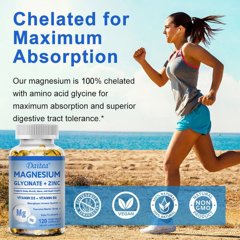 Magnesium + Zinc with Vitamin D3 and Vitamin B6 - Promotes Healthy Bones and Teeth, Heart, Nerve and Muscle Function, Non-GMO