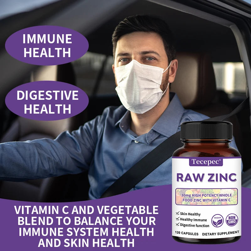 Zinc Vitamix, 30 mg - Raw Zinc High Potency Supplement with Vitamin C, Skin Health & Digestive Support, 120 Capsules
