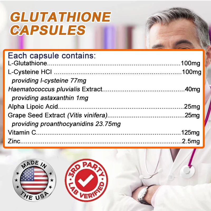 L-Glutathione supplement, antioxidant, supports immune system, skin and overall health, inhibits melanin production