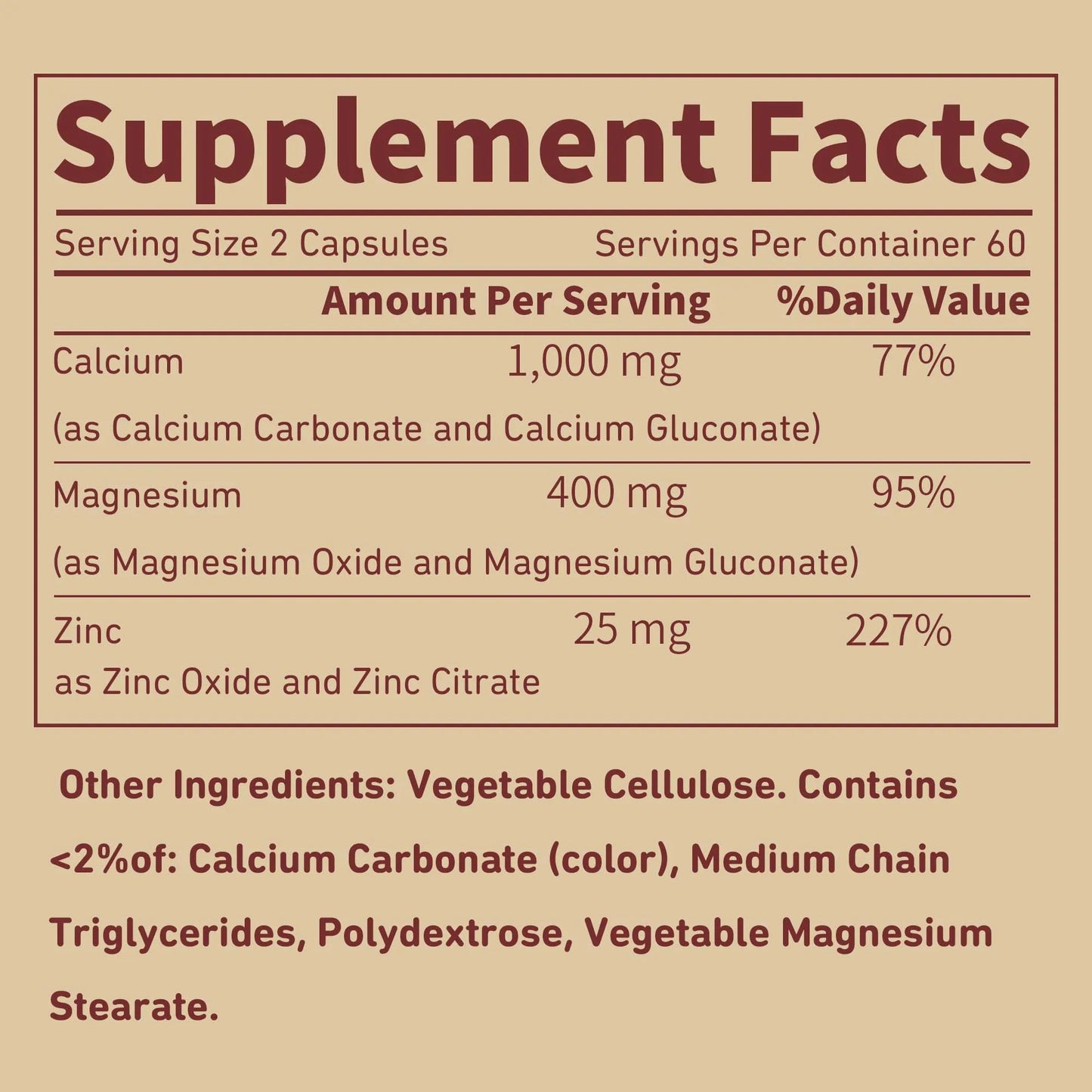 High Potency Calcium, Magnesium and Zinc - Strengthen Bones, Muscles and Teeth, Enhance Immunity - 120 Capsules