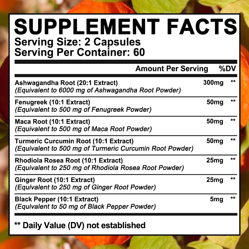 Ginger root, turmeric, rhodiola rosea and black pepper extracts help relieve stress, increase energy and improve muscle strength